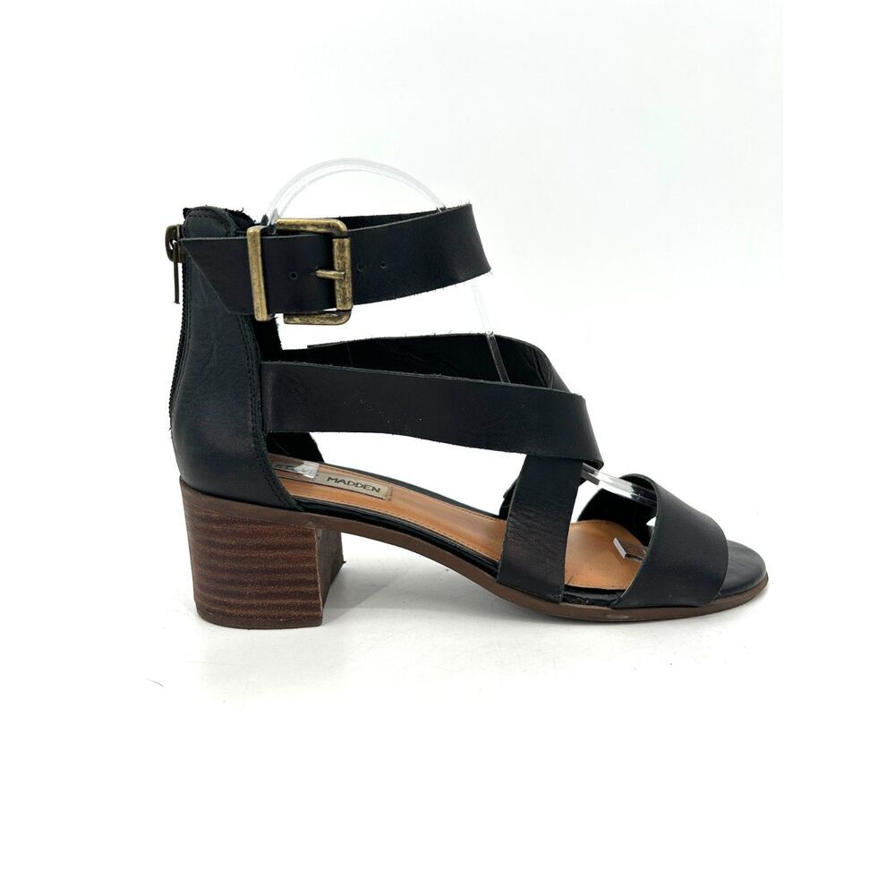 STEVE MADDEN Realeen Black Leather Strappy Chunky Block Heel Sandal Shoes Size 8